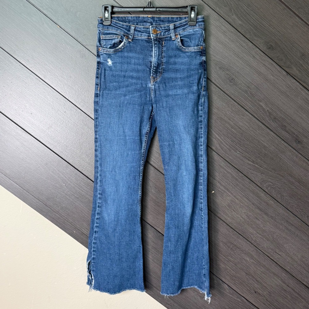 Bershka Women's High Rise Flare Jeans Raw Hem Side Slit Blue Size 0 XXS